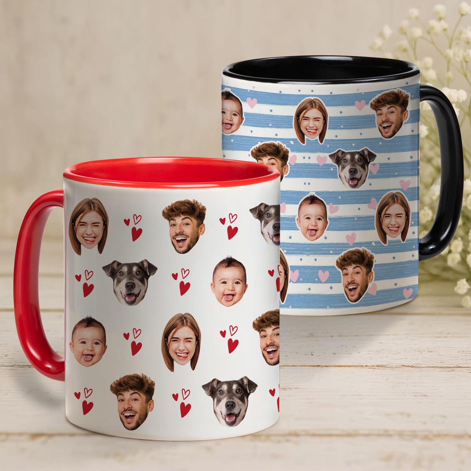 Personalized Mug with 1-5 Portraits, Ceramic 11oz/15oz Cocoa Coffee Mug with Face Photos, Birthday/Anniversary Gift for Couple/Family/Pet Lovers