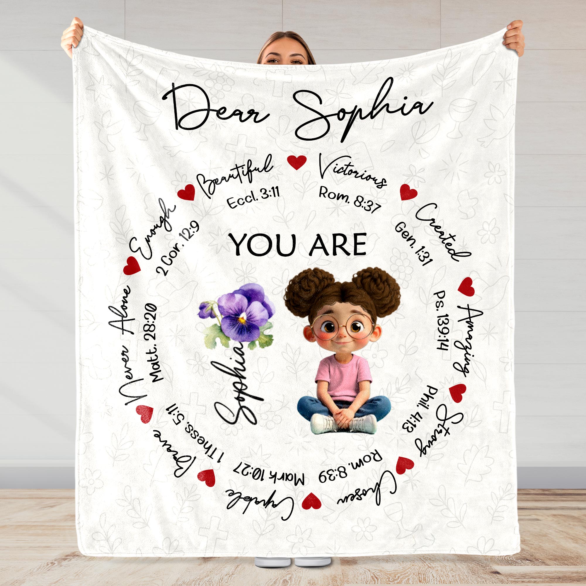 Personalized Children's Bible Birth Flower Blanket with Name, You Are Brave and Beautiful Blanket, Inspiring Favor, Birthday Gift for Kids/Boys/Girls