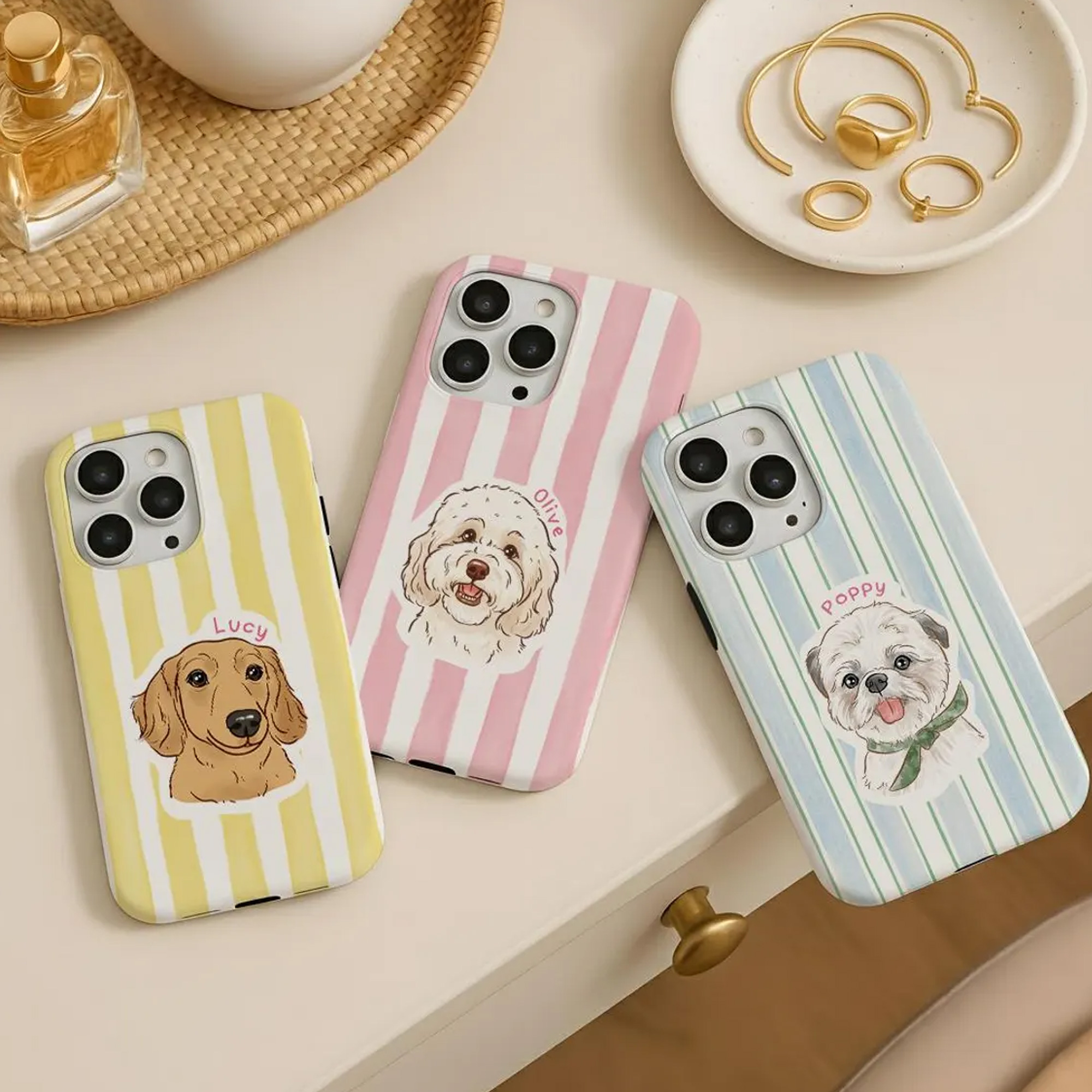 Custom Pet Portrait Stripes Phone Case with Name, Slim Tough Phone Cover for iPhone/Samsung, Birthday/Anniversary/Memorial Gift for Pet Owners/Lovers