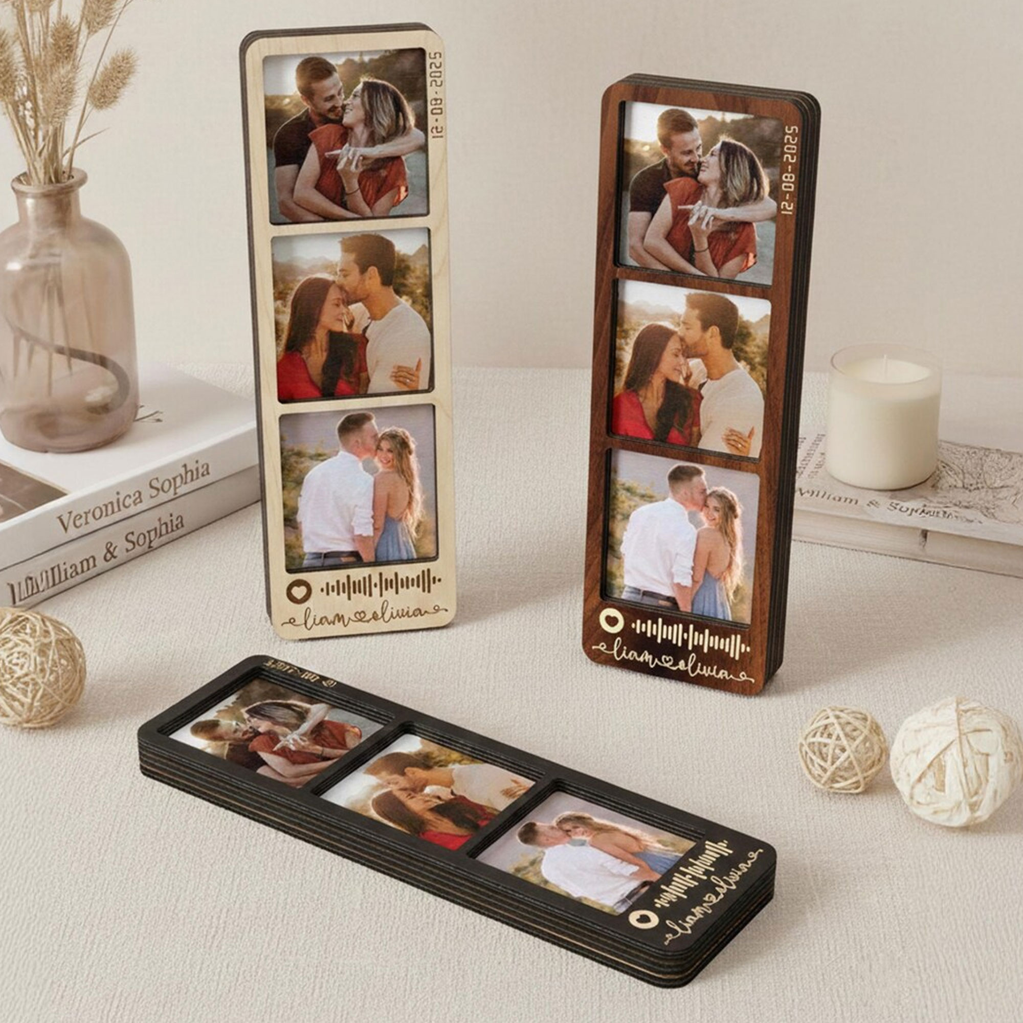 Personalized Names Couple Photos Strip Frame, Wooden Vintage Polaroid Photo Frame with Music Code, Birthday/Valentine's Day Gift for Couple/Him/Her