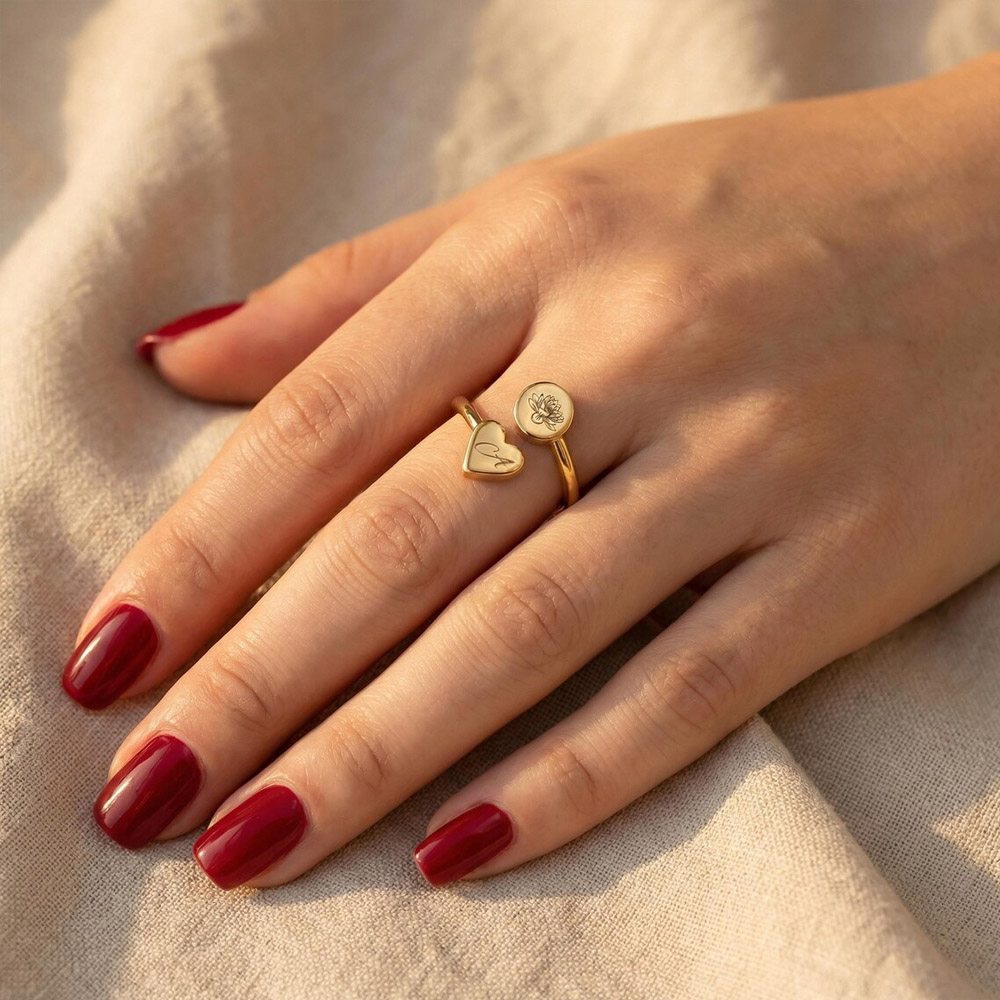 Personalized Heart and Circle Ring with Initial & Birth Flower, Dainty Double Charm Stamp Ring, Valentine's Day/Anniversary Gift for Her/Wife/Couple