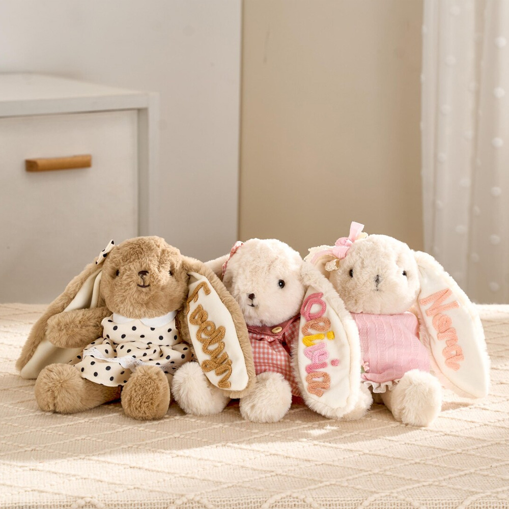 Custom Embroidered Name Easter Plush Bunny Toy, Soft Stuffed Rabbit Doll with Yarn Bow, Home Decor, Easter/Birthday/Baby Shower Gift for Kids/Girls