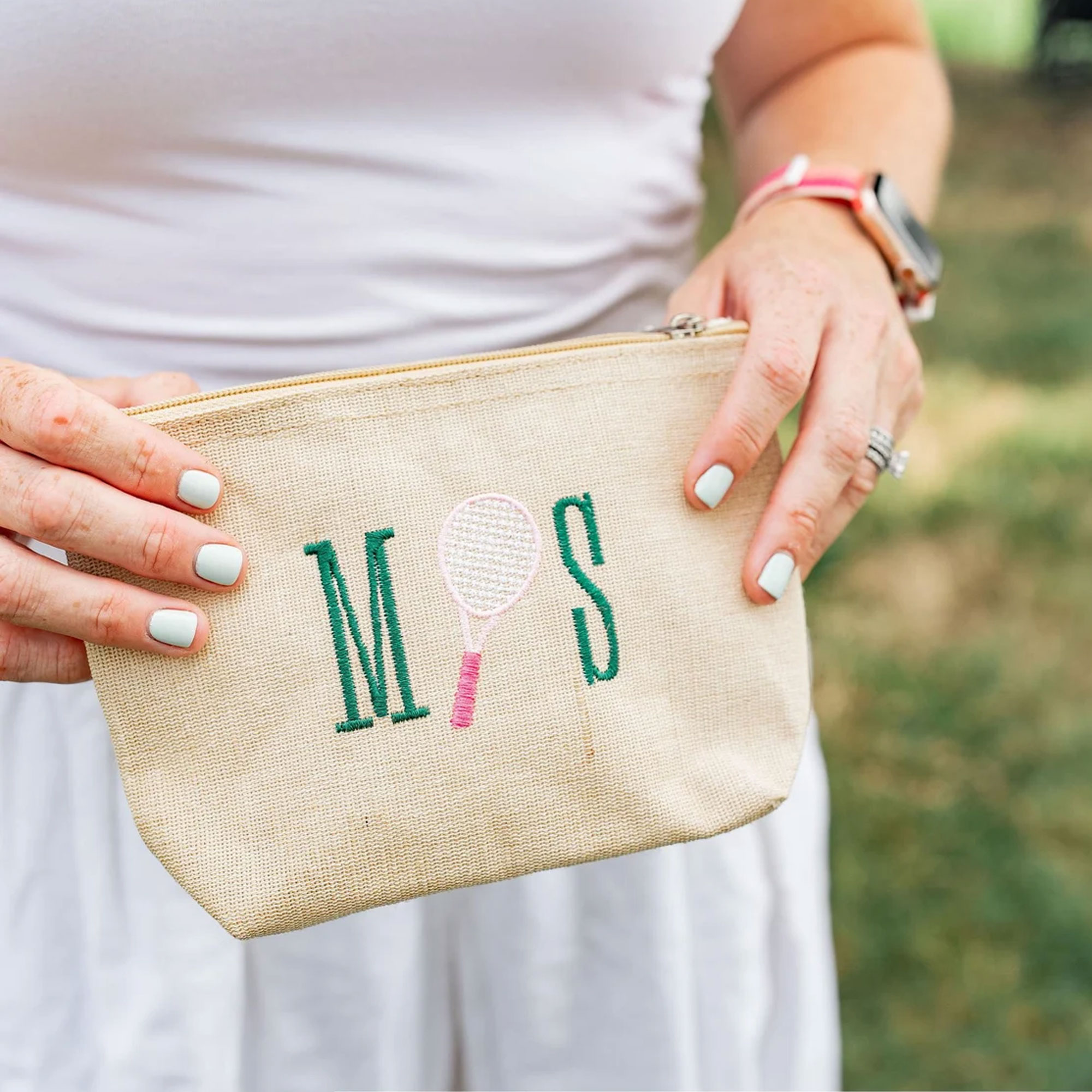 Custom Embroidered Monogram Tennis Jute Cosmetic Bag, Large Capacity Toiletry Cosmetic Bag, Party Favor, Birthday Gift for Her/Friends/Tennis Lovers