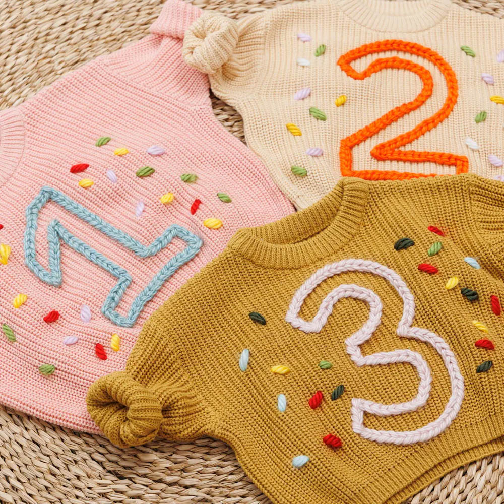 Personalized Number Baby Birthday Sweater, Hand Embroidered Knitted Outfit, Milestone Photo Prop, Easter/Baby Shower/Birthday Gift for Newborn/Kids