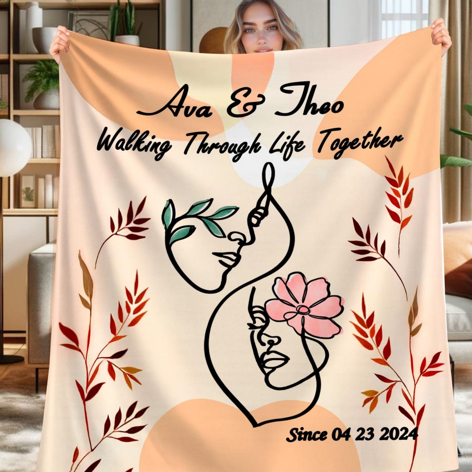 Custom Couple Name Line Art Blanket, Soft Flannel/Sherpa Throw for Bed Couch, Home Decor, Valentine’s Day/Wedding/Anniversary Gift for Couple/Him/Her