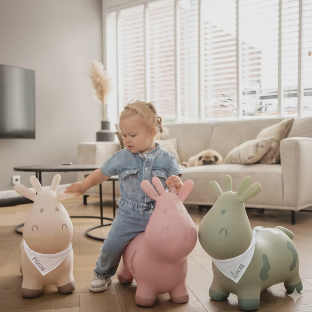 Personalized Bouncy Cow with Name Bib for Toddlers, Colorful Ride-On Inflatable Animal Toy, Nursery Decor, Easter/Birthday Gift for Kids/Boys/Girls