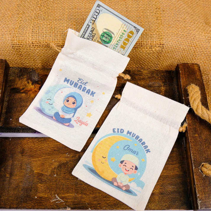 Personalized Eid Gift Bag for Kids, Custom Ramadan Favor Pouch, Cotton Treat Bag, Goodie Bag