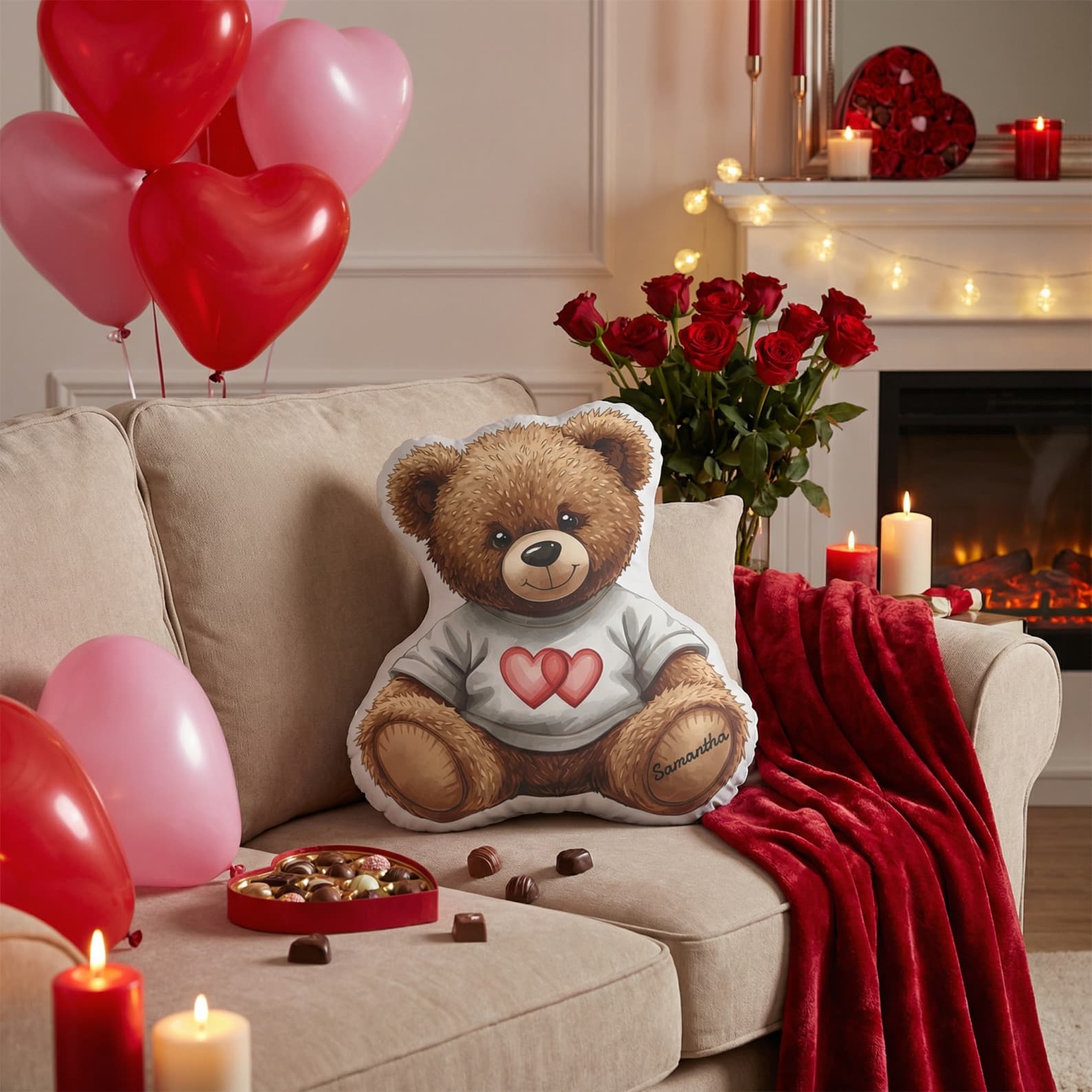 Personalized Name Sitting Bear with Hearts, Custom Name on Feet Plush Pillow, Commemorative Toy, Valentine's Day/Anniversary Gift for Couple/Wife/Her