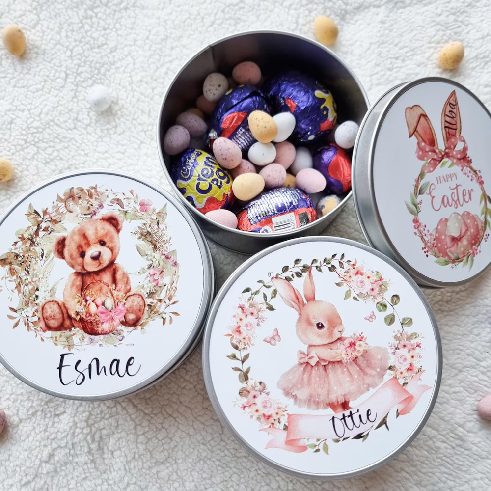 Custom Name Easter Watercolor Bunny Bear Treat Tin with Lid, Round Biscuit Candy Box, Tinplate Container, Party Favor, Easter Gift for Kids/Boys/Girls