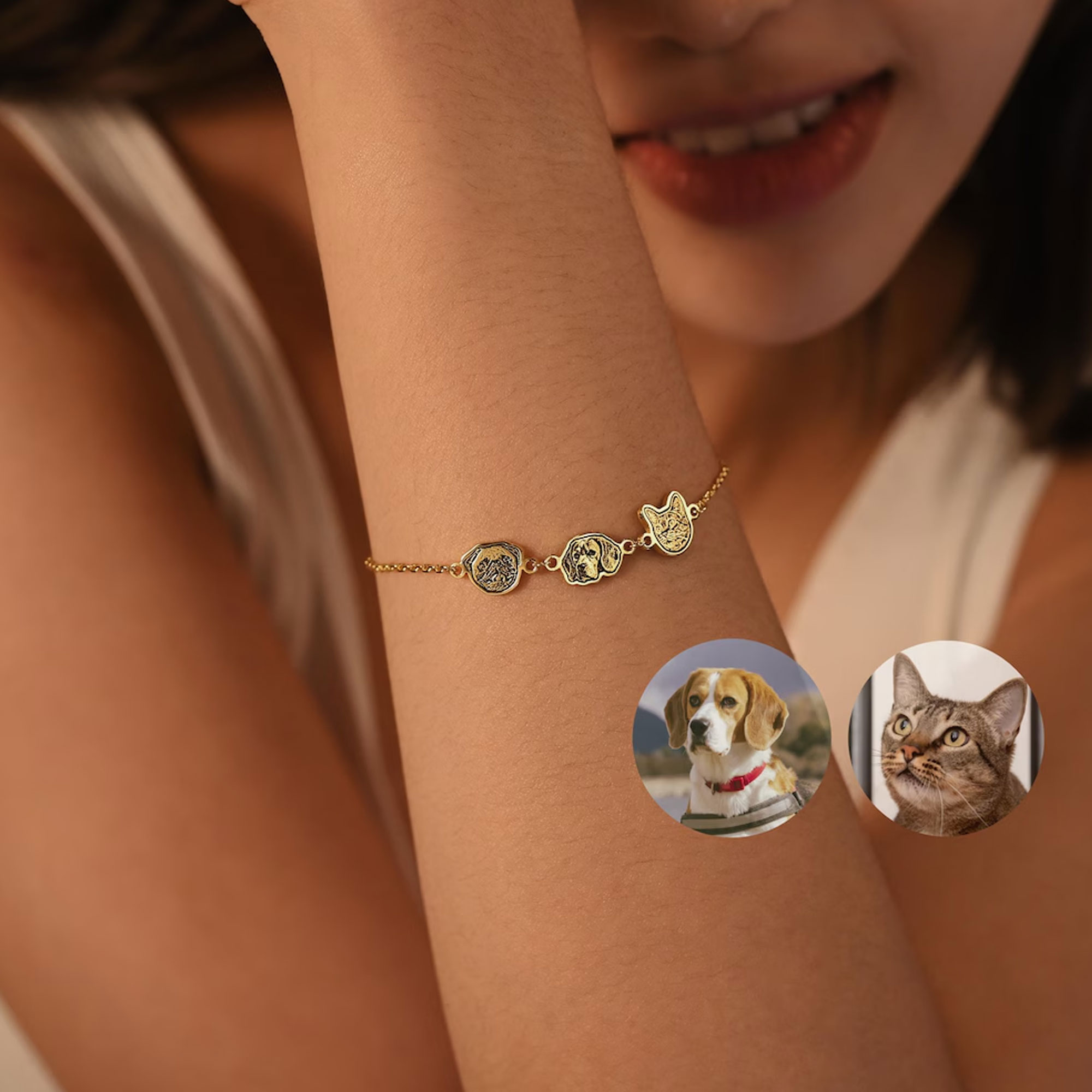 Personalized Engraved 1-6 Pet Portraits Bracelet, Sterling Silver 925 Cat/Dog Photo Charms Bracelet, Birthday/Anniversary Gift for Pet Owners/Lovers