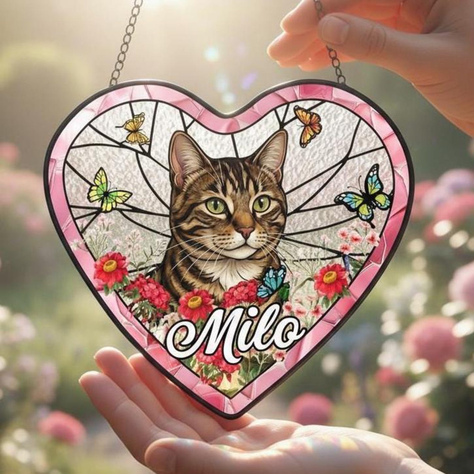 Personalized Pet Portrait Heart Floral Stained Glass Suncatcher with Name, Cat/Dog Photo Memorial Window Hanging Ornament, Gift for Pet Owners/Lovers