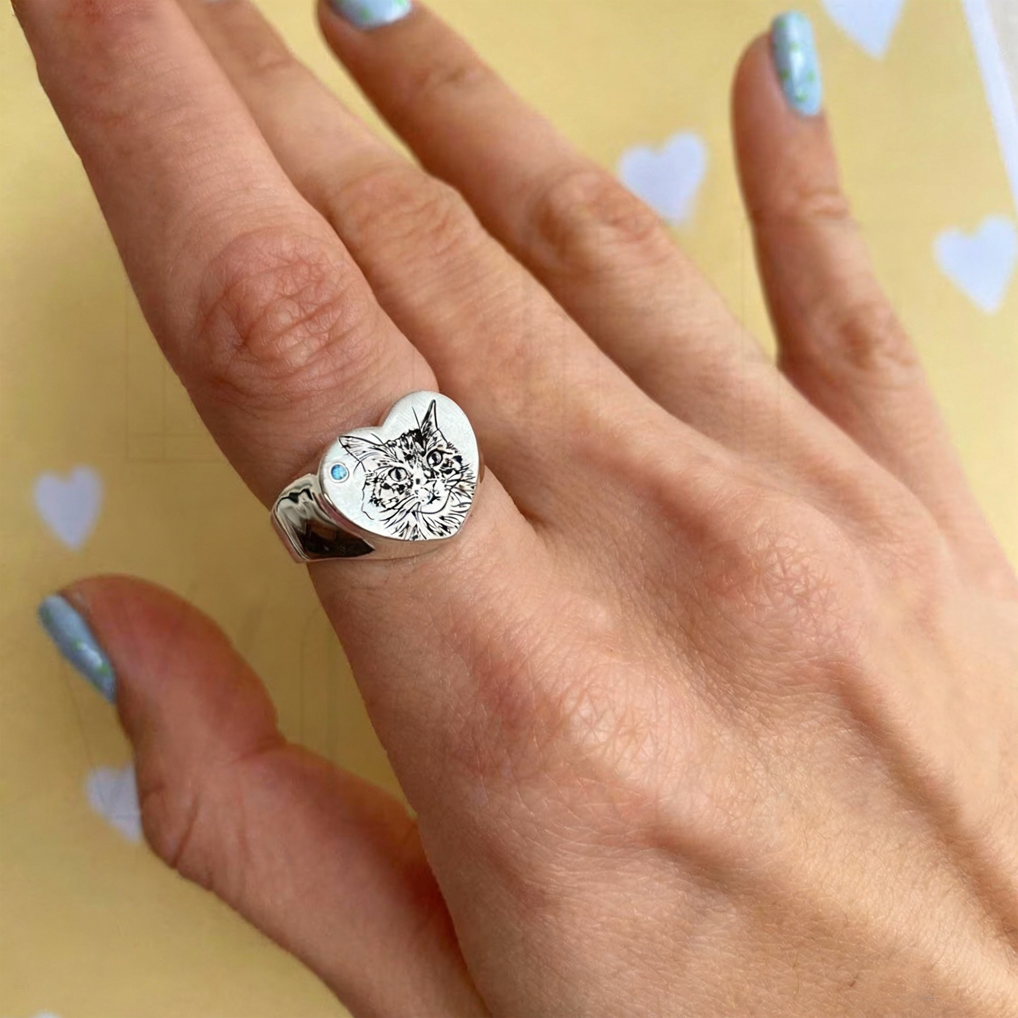 Custom Engraved Pet Portrait Heart Signet Ring with Birthstone, Sterling Silver 925 Dog/Cat Memorial Jewelry, Birthday Gift for Pet Lovers/Owners/Her