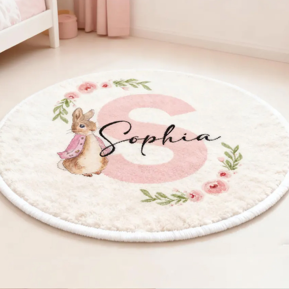 Personalized Name Floral Peter Rabbit Alphabet Round Floor Mat, Plush Non-slip Washable Rug,  Nursery Decor, Birthday/Easter Gift for Kids/Boys/Girls