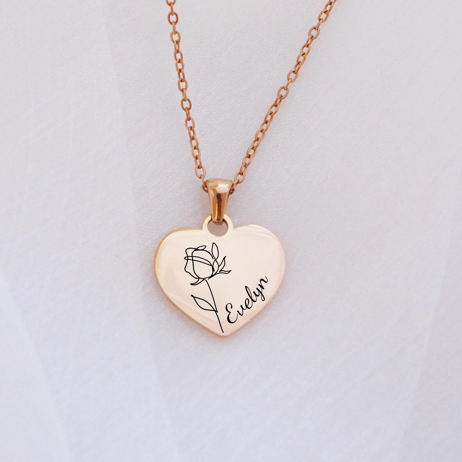 Custom Rose Heart Charm Necklace with Engraving, Sterling Silver 925 Romantic Jewelry, Valentine's Day/Mother's Day/Anniversary Gift for Her/Mom/Wife