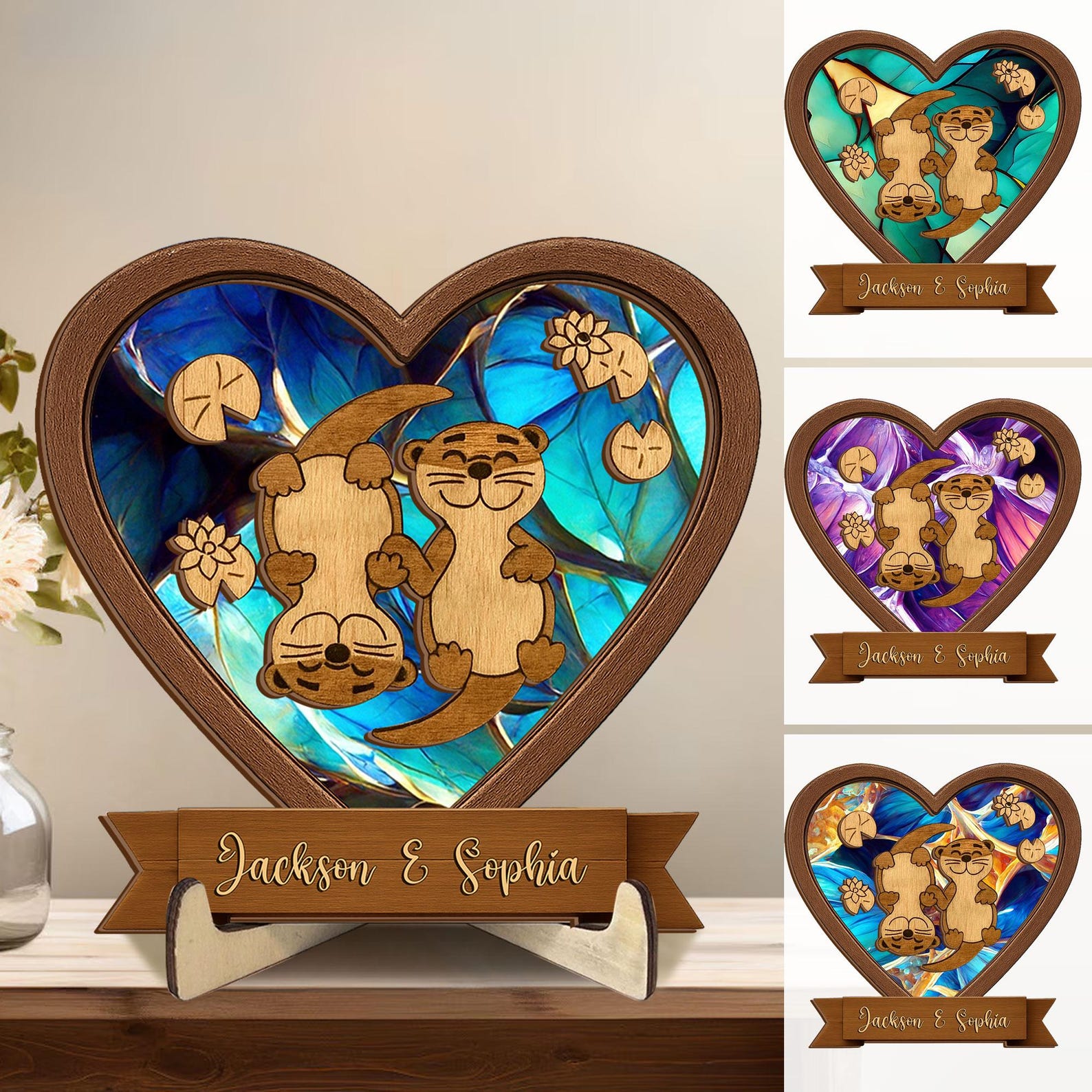 Custom Couple Cartoon Otter Heart Plaque with Names, Wooden Romantic Sign with Stand, Home Decor, Valentine's Day/Anniversary Gift for Couple/Him/Her