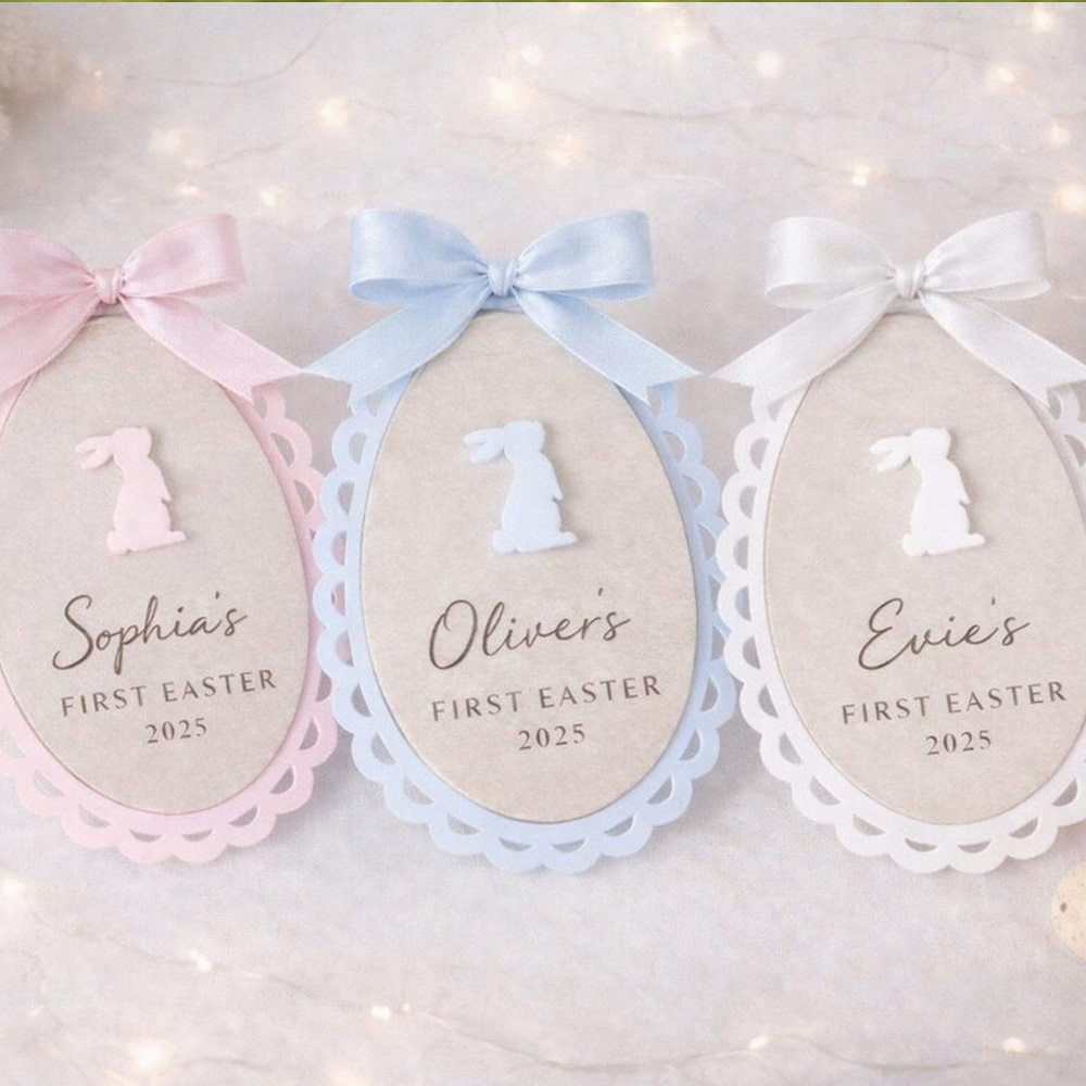 Personalized Name First Easter Bunny Bow Basket Tag, Wooden Oval Egg Shape Name Plate, Easter Photo Prop,  Nursery Decor, Easter Gifts for Babies/Kids