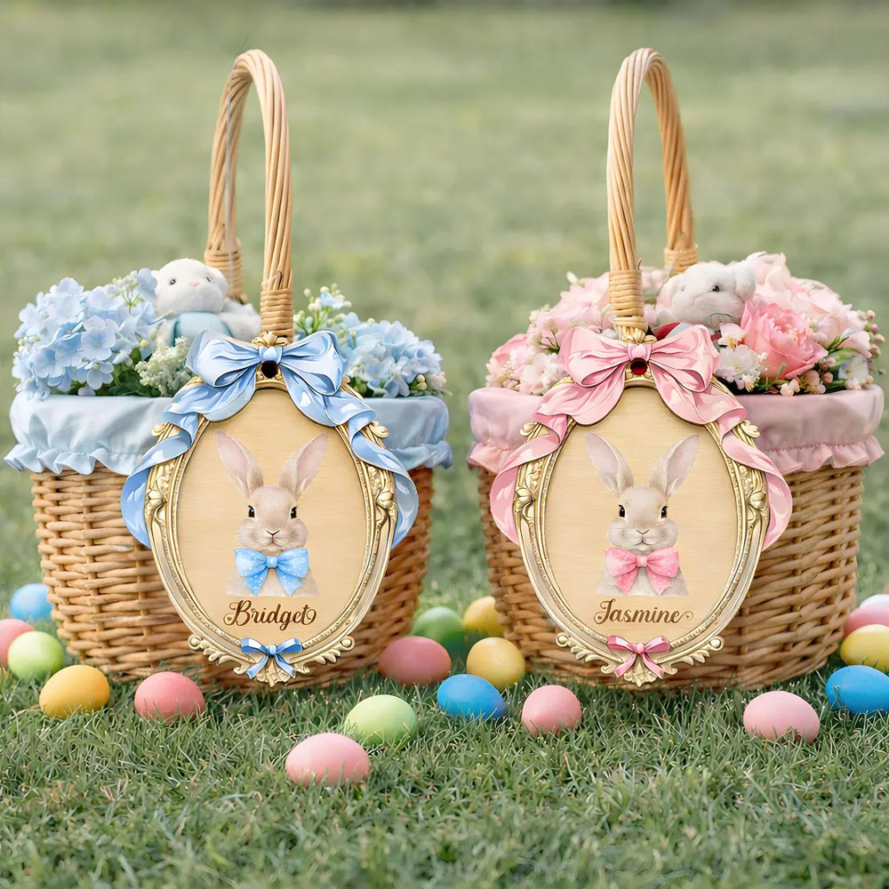 Personalized Name Bunny Goose with Bow Easter Basket Tag, Wooden Cottagecore Frame Hunt Label, Spring Party Favor, Easter Gift for Kids/Boys/Girls