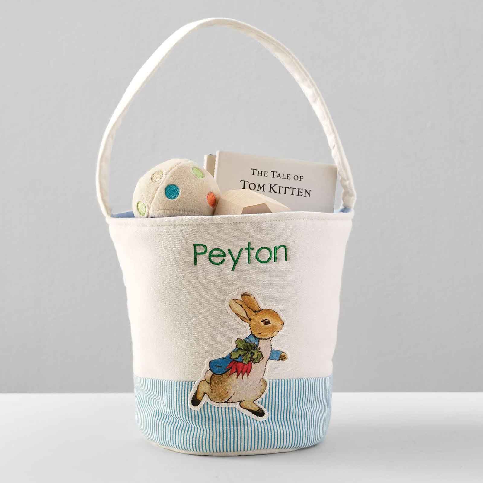 Personalized Embroidered Peter Rabbit Patch Easter Basket with Name, Easter Egg Hunt Basket, Easter Goodie Bucket Bag, Easter Gift for Kids/Boys/Girls
