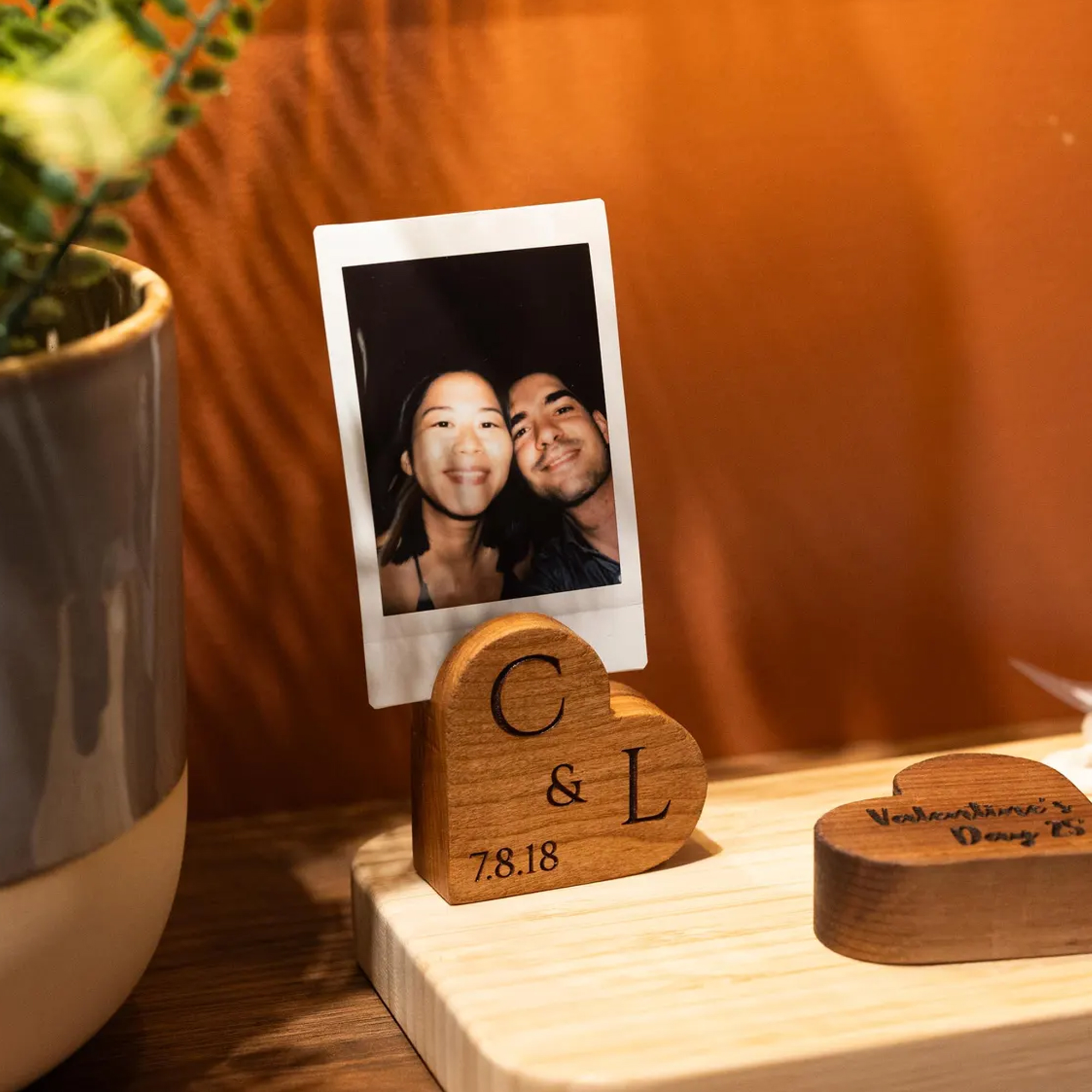 Personalized Engraved Heart Photo Holder with Initials, Wooden Polaroid Display Stand, Home Decor, Birthday/Anniversary Gift for Couples/Wife/Husband