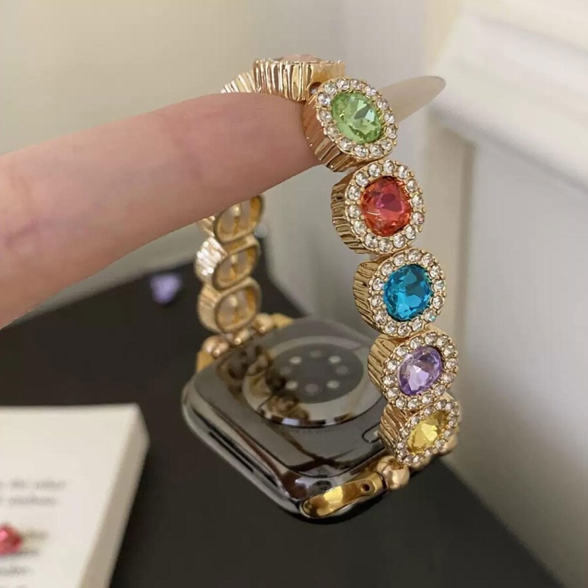 Vintage Rhinestone Apple Watch Band, Colorful Gemstones Elastic Charm Bracelet, Fashionable Smartwatch Strap, Watch Accessory, Gift for Her/Friends