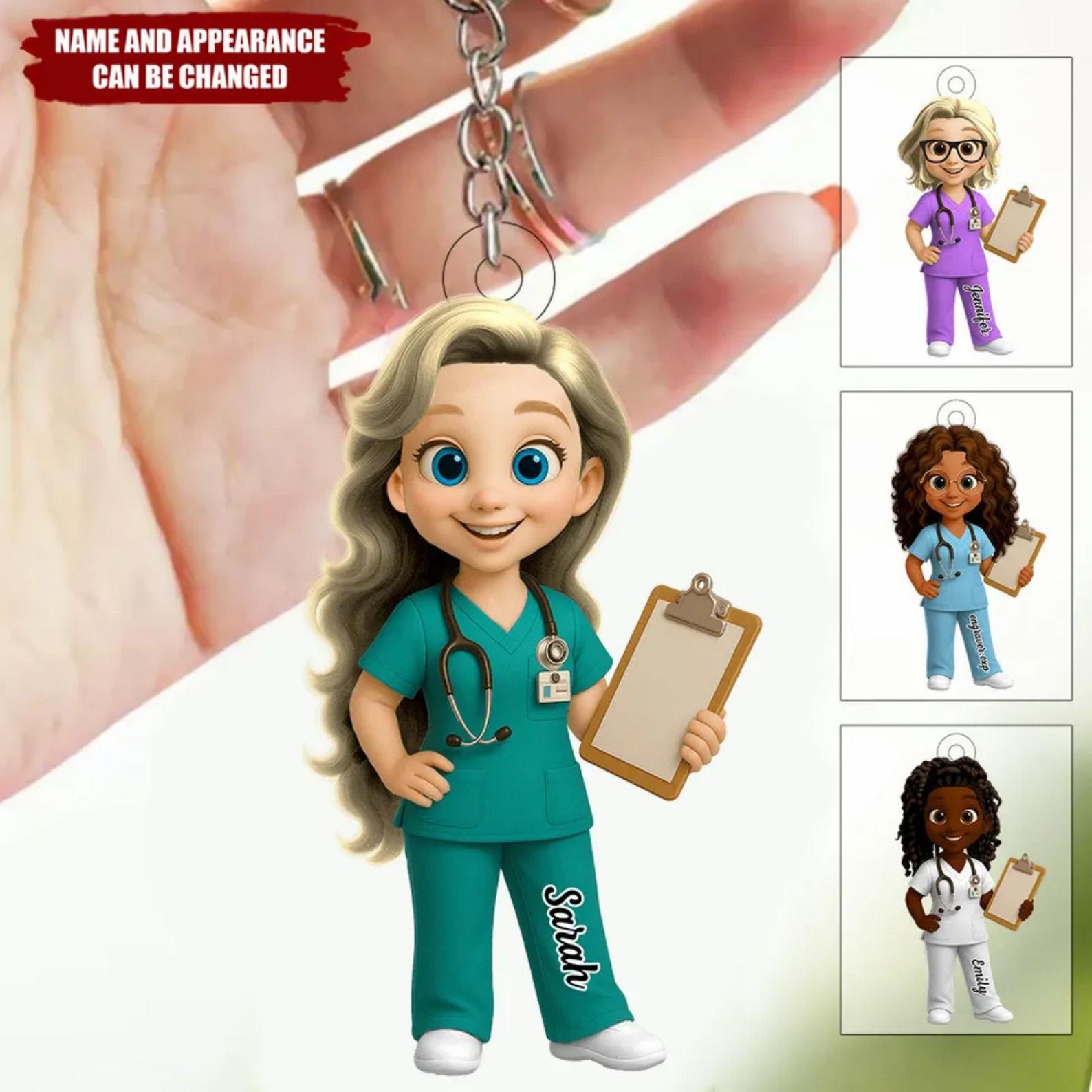 Personalized Cartoon Character Nurse Keychain with Name, Acrylic Medical Staff Portrait Bag Hanging Keyring, Birthday Gift for Nurses/Colleagues/Her