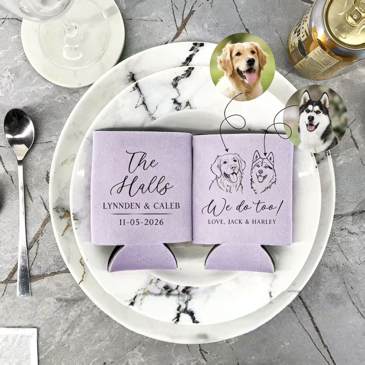 Custom Pet Portrait Wedding Can Cooler with Names, Beer Beverage Insulator, Wedding/Party Favor for Guests, Gift for Pet Lovers/Bridesmaids/Friends