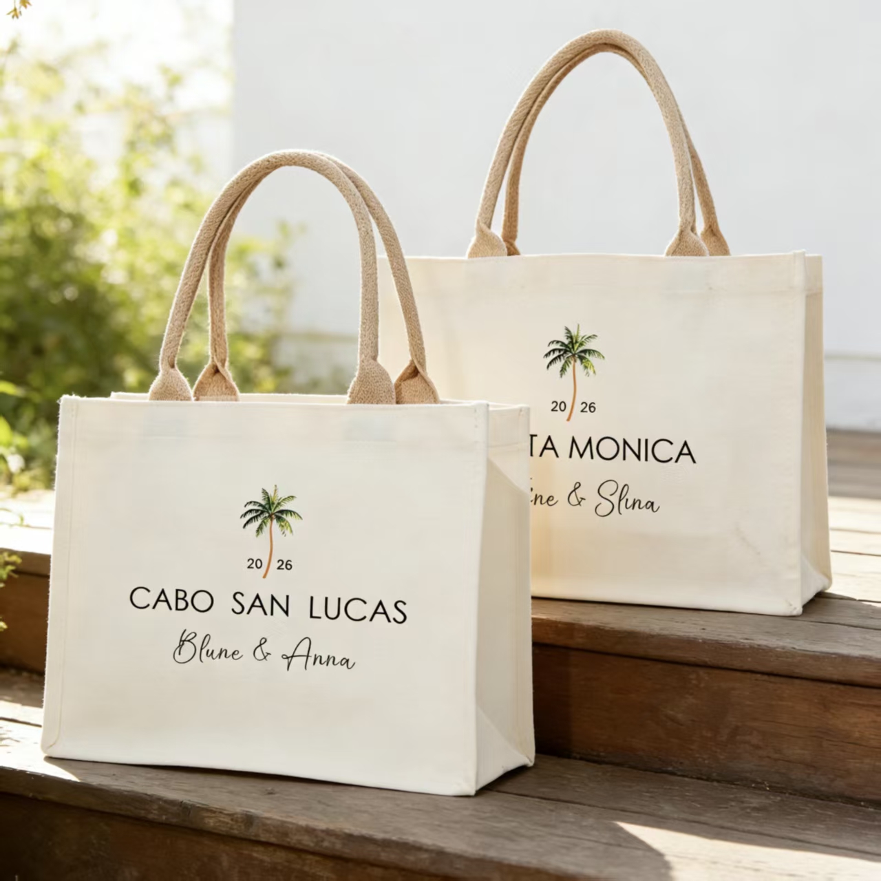 Personalized Palm Tree Welcome Tote Bag with Names, Canvas Large Capacity Handbag, Bridal Shower Party Favor, Wedding Gift for Bridesmaids/Friends
