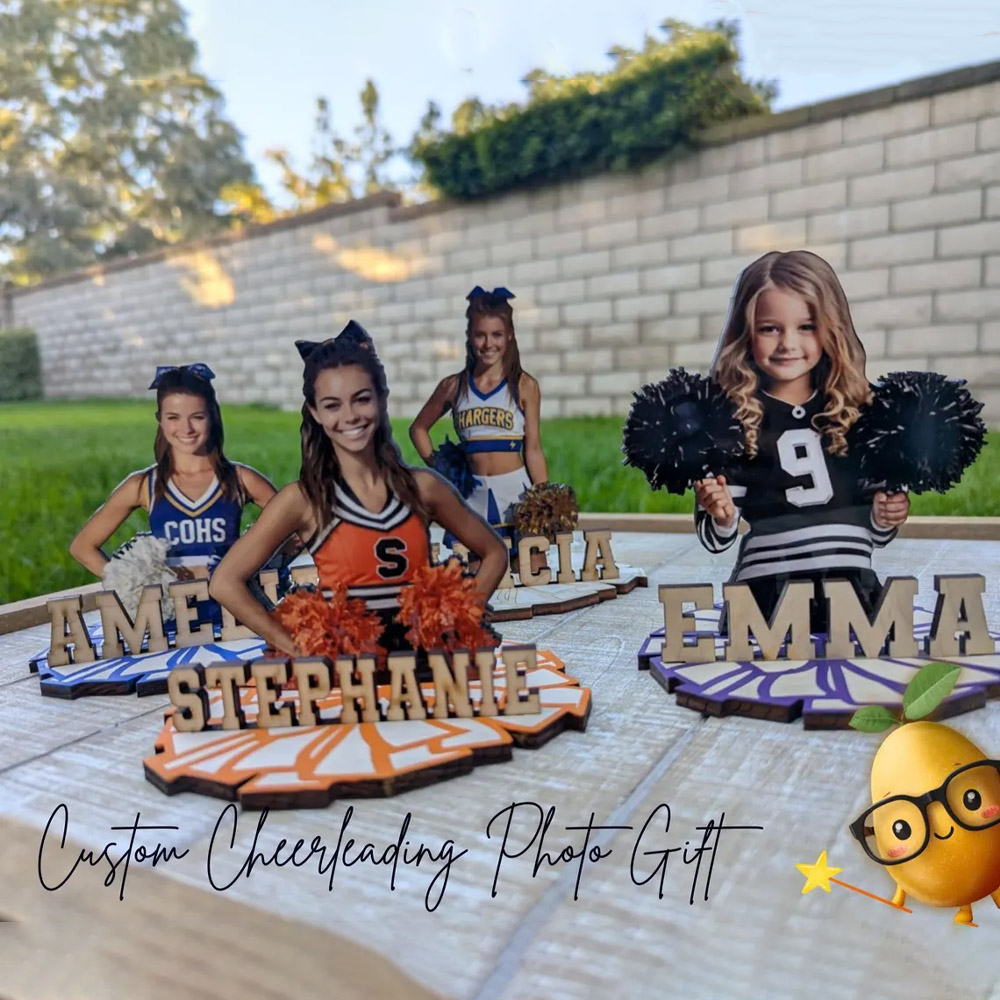 Custom Cheerleader Photo Plaque with Name, Wooden High School Name Sign with Pom-Pom, Anniversary/End of Season Gift for Cheerleaders/Teammates/Girls