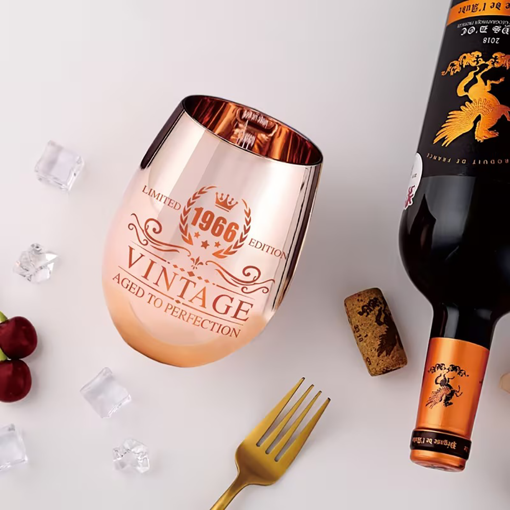 Personalized Vintage-Style Stemless Wine Glass, Stainless Steel Laser-Engraved Year Wine Cup, Retirement/Anniversary Gift for Family/Friends/Women