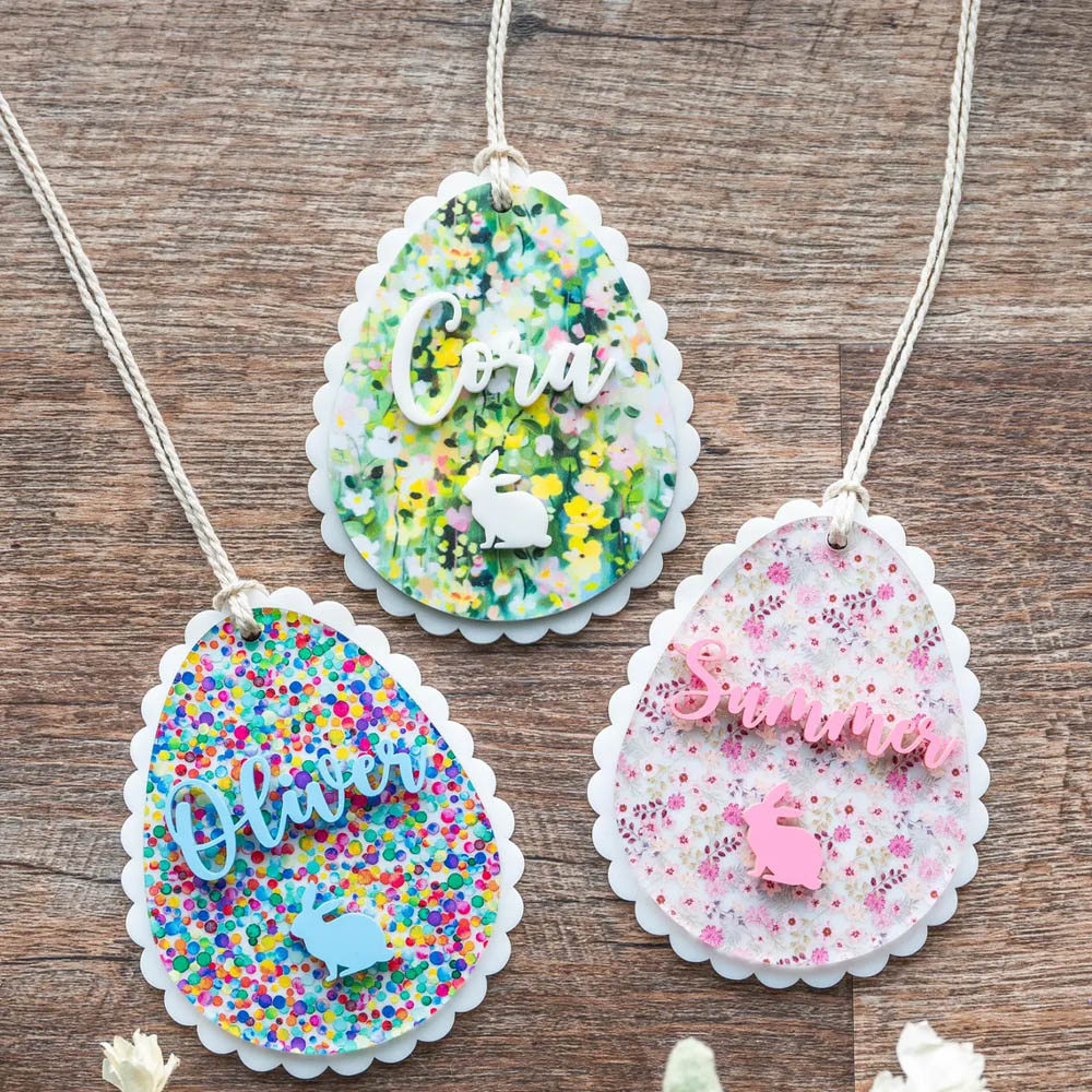 Personalized Name Bunny Spring Floral Easter Egg Basket Tag, Scalloped Flower Meadow Rainbow Polka Dots Hunt Label, Party Favor, Easter Gift for Kids