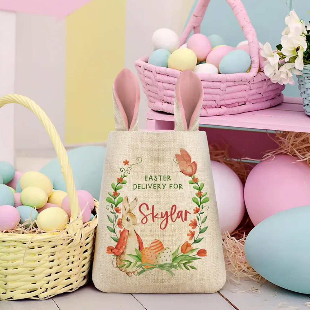 Personalized Name Peter Rabbit Easter Basket with Bunny Ears, Large Capacity Easter Egg Hunt Bag, Easter Party Favor, Easter Gift for Kids/Boys/Girls