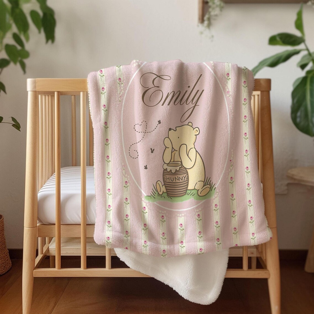 Personalized Vintage Winnie The Pooh Baby Blanket with Name, Soft Floral Bed Couch Throw, Nursery Decor, Birthday/Easter Gift for Newborns/Girls/Kids