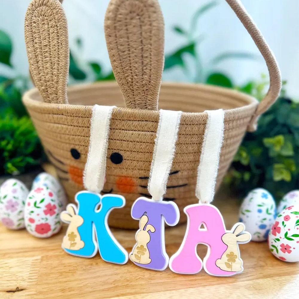 Personalized Alphabet Bunny Cutout Easter Basket Tag, Wooden Floral Initial Hanging Hunt Label, Spring Party Favor, Easter Gift for Kids/Boys/Girls