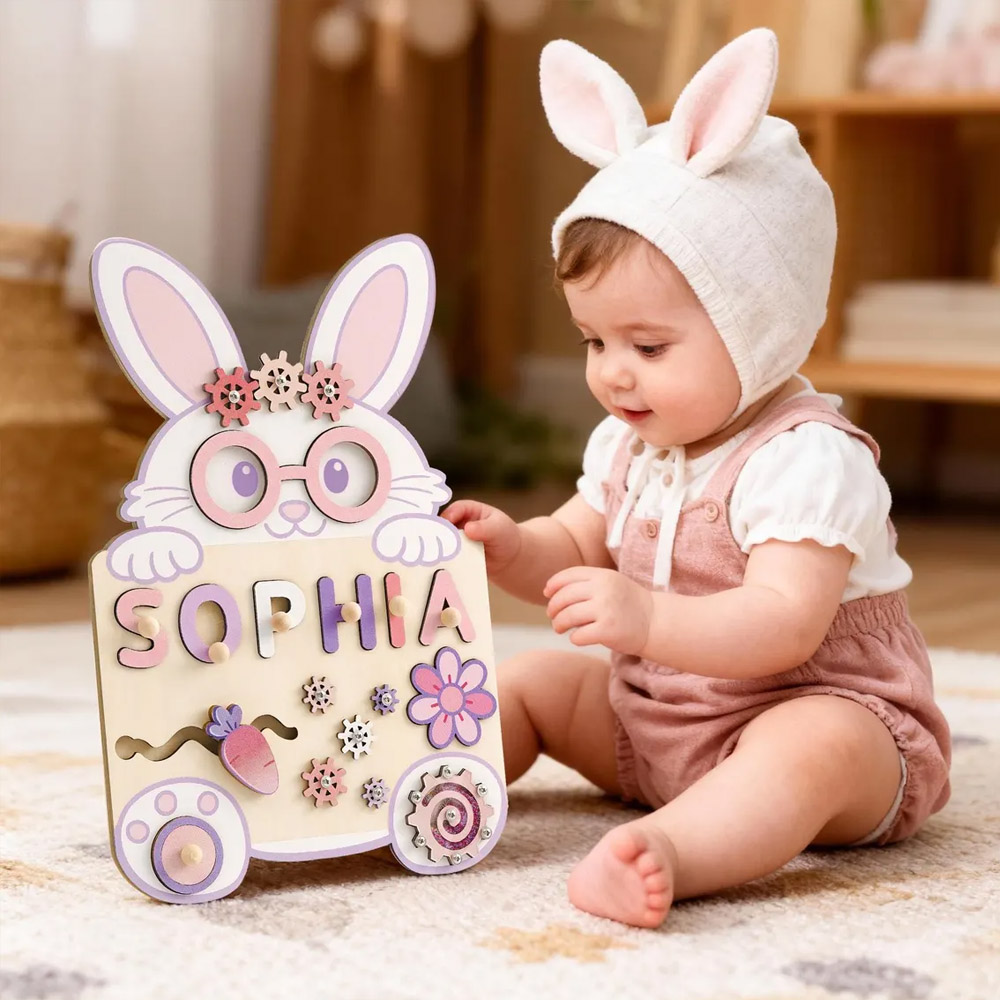 Custom Easter Baby Name Bunny Puzzle Board, Wooden Montessori Busy Toy, First Easter Keepsake, Party Favor, Easter/Birthday Gift for Kids/Toddlers
