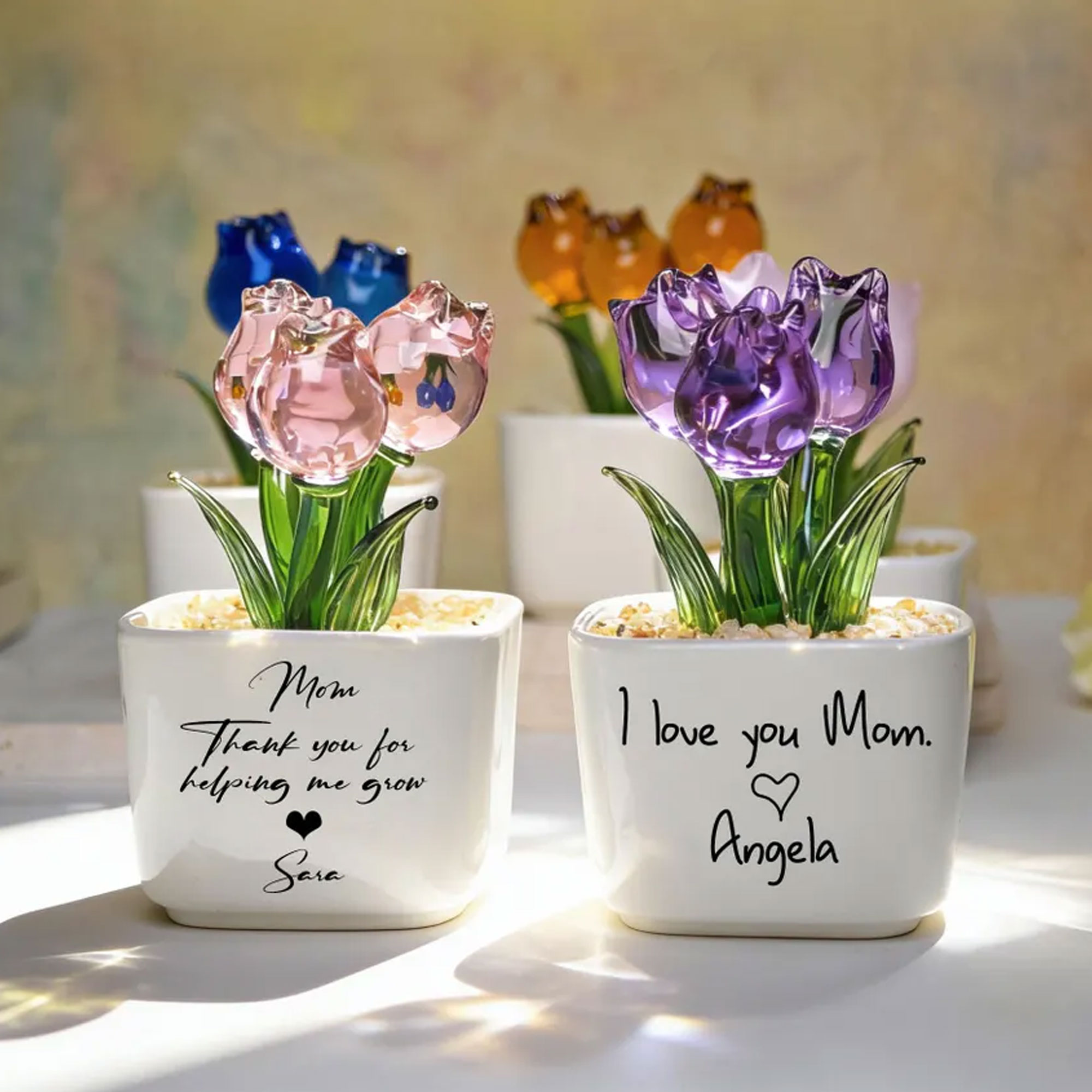 Personalized Everlasting Tulips Glass Planter, Colorful Hand Blown Mom Flower Pot with Message, Home Decor, Birthday/Mother's Day Gift for Mom/Grandma