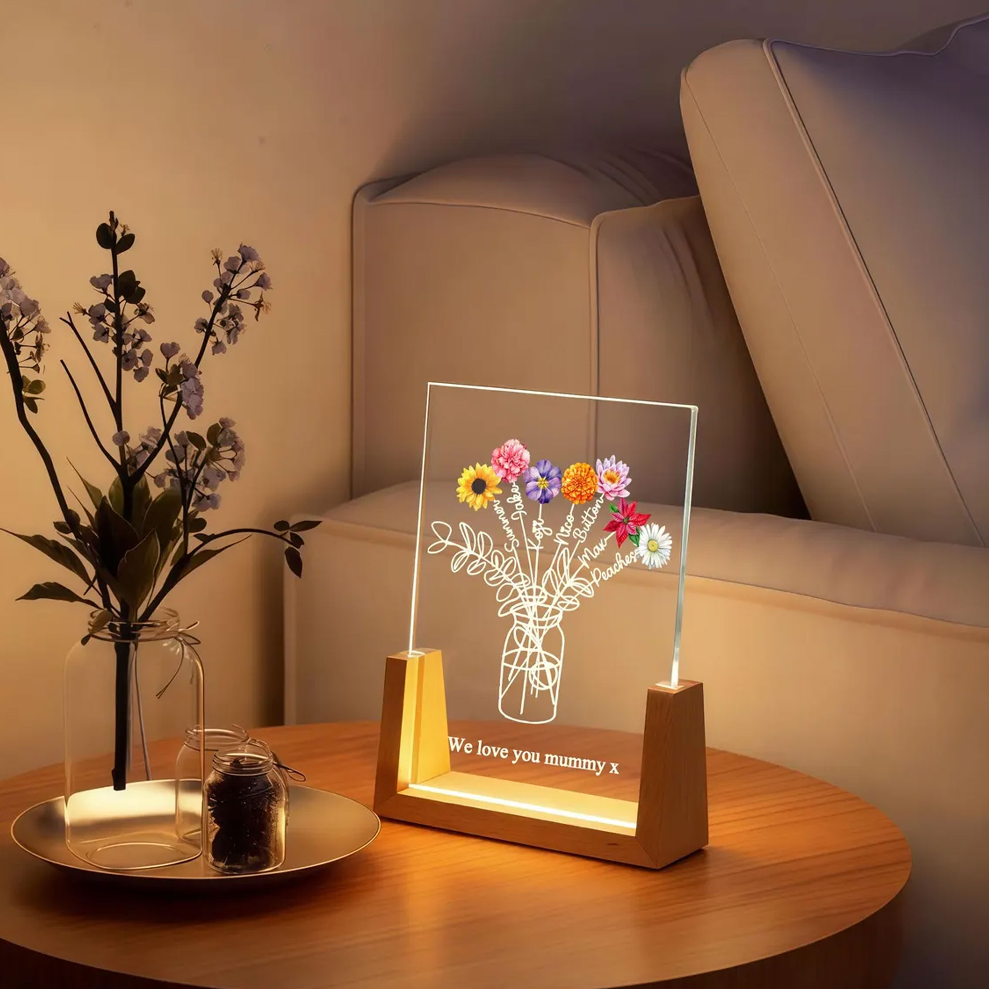Custom Names & Birth Flower Family Bouquet LED Night Light, Acrylic Floral Night Lamp with Wooden Base, Birthday/Mother's Day Gift for Mom/Grandma