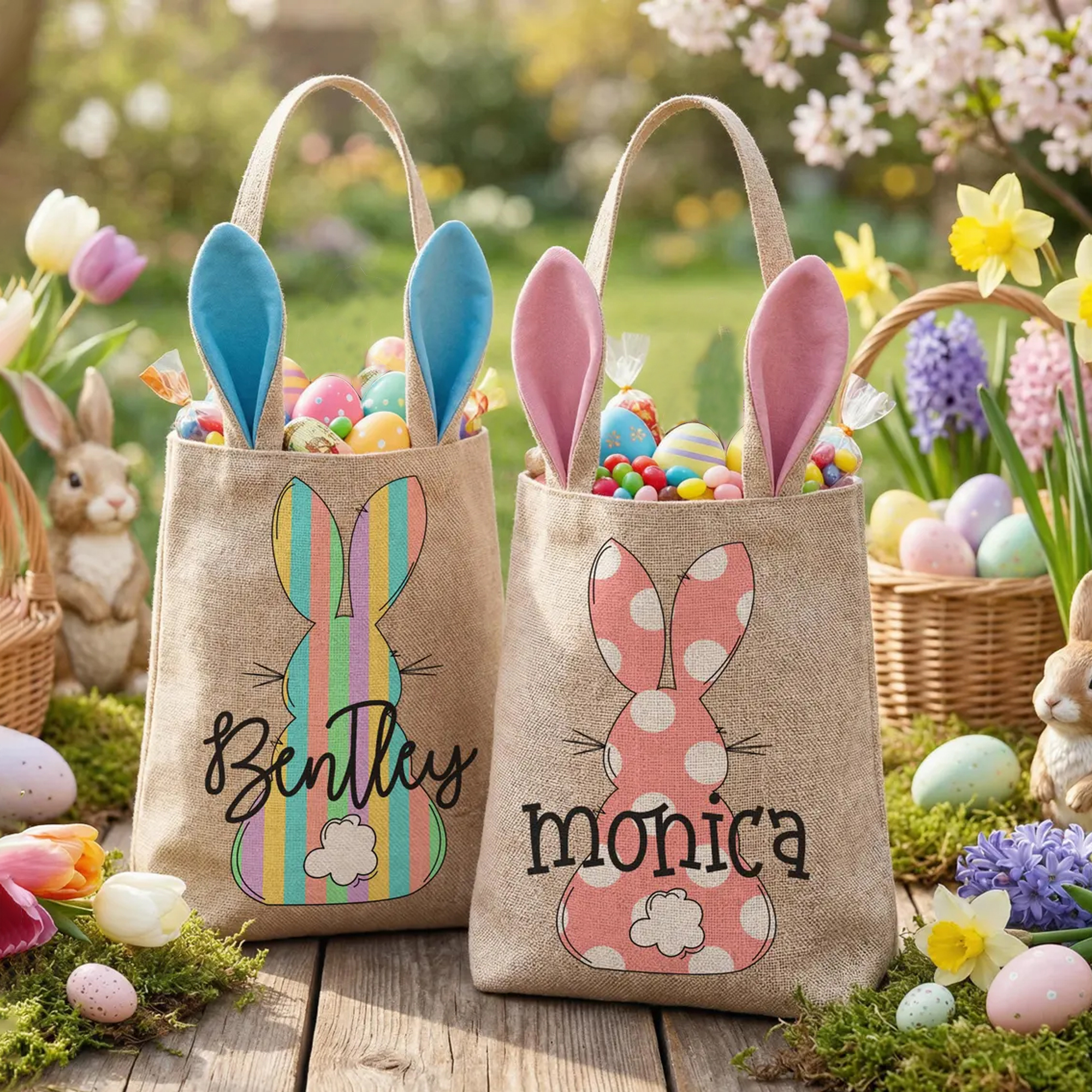 Personalized Name Easter Bunny Basket, Cotton Linen Easter Egg Hunt Bucket Bag with Rabbit Ears, Spring Party Favor, Easter Gift for Kids/Boys/Girls
