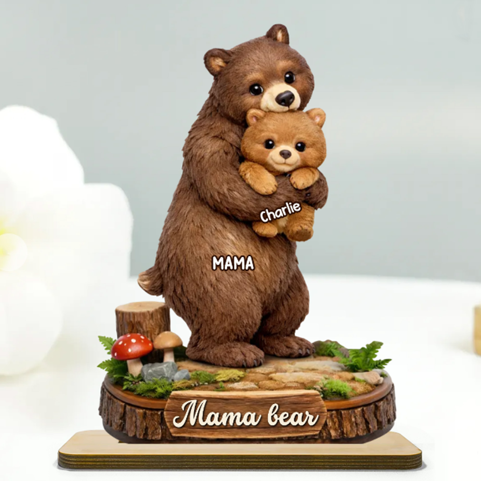 Personalized Mama and Baby Bears Plaque with 1-6 Names, Wooden Heartfelt 2-Layered Family Decor, Anniversary/Mother’s Day Gift for Mom/Grandma/Her