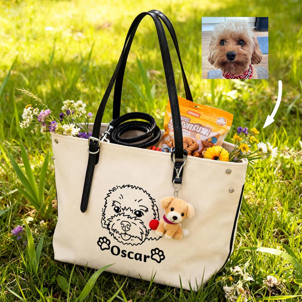 Personalized Pet Portrait Tote Bag with Name, Canvas Hand-drawn Cat/Dog Face Commuting Handbag, Outgoing Shopping Bag, Gift for Pet Owners/Lovers/Her