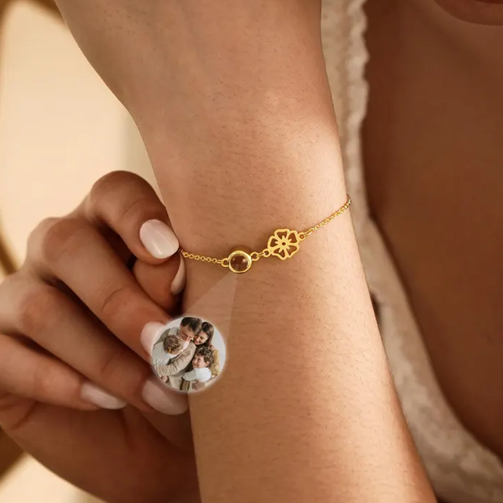 Personalized Photo Projection Bracelet with Birth Flower, Sterling Silver 925 Dainty Picture Inside Bracelet, Birthday/Mother's Day Gift for Mom/Her