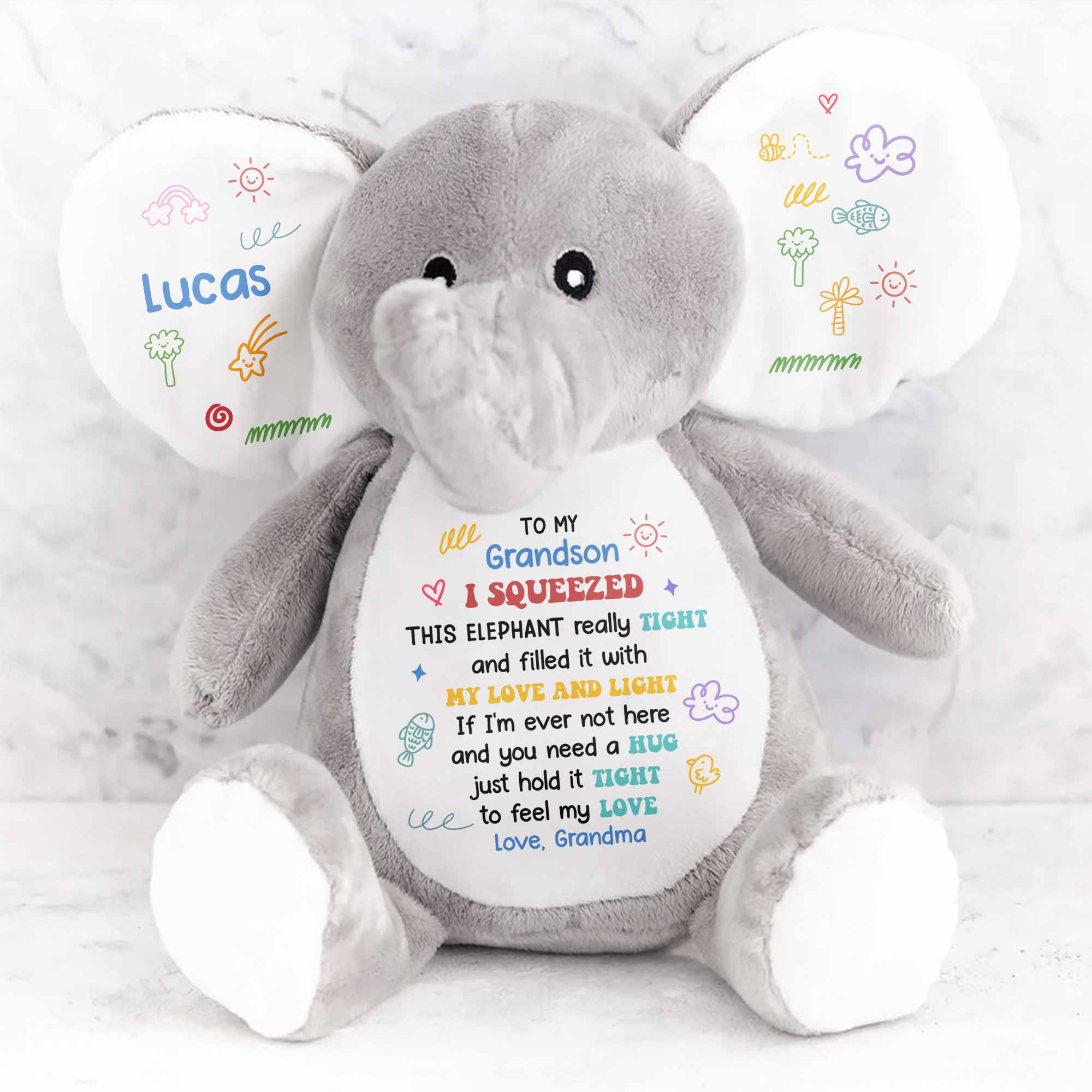 Personalized Feel My Love Plush Stuffed Elephant with Name, Soft Doodles Elephant Doll Toy, Nursery Decor, Birthday/Easter Gift for Newborns/Grandkids