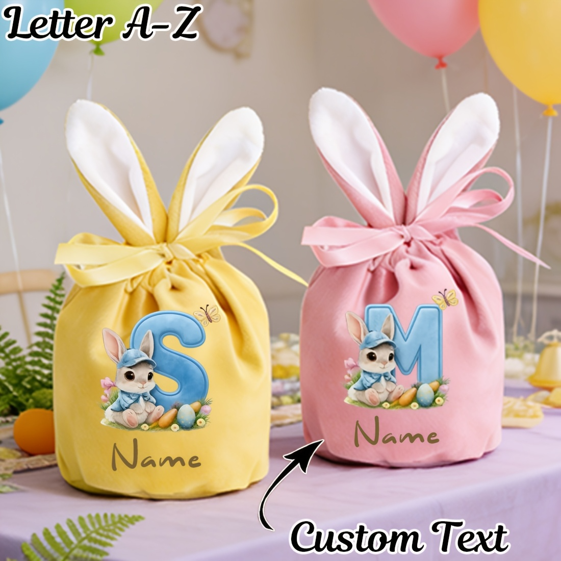 Personalized Bunny Ear Gift Bags with Plush Ears & Custom Lettering - Suitable for Parties, Easter Wrapping for Chocolates, Candy, Birthday Gifts - Drawstring Bags for,, Easter Bunny Treat