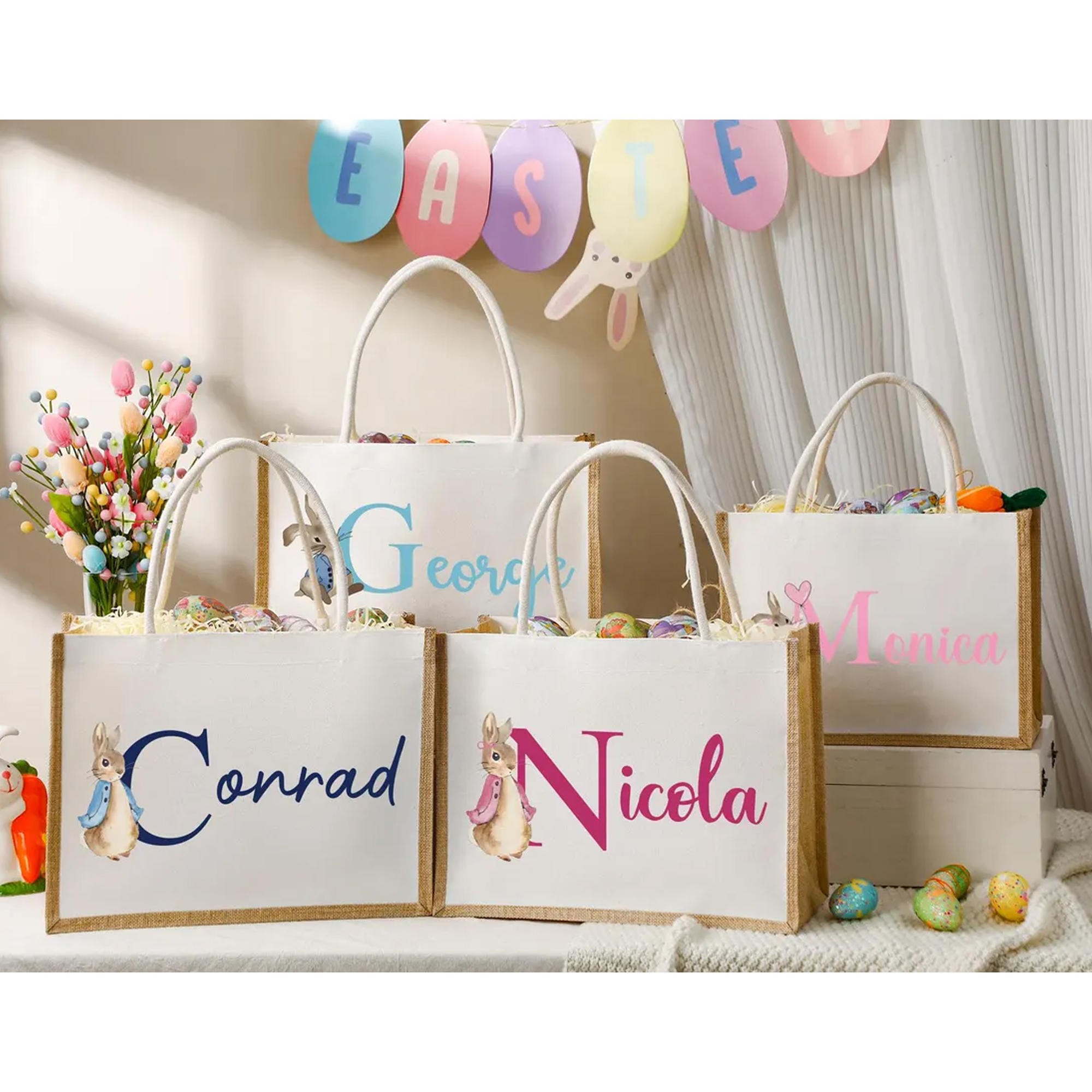 Personalized Name Peter Rabbit Tote Bag, Large Capacity Jute Canvas Bunny Easter Egg Hunt Bag, Spring Party Favor, Easter Gift for Kids/Boys/Girls