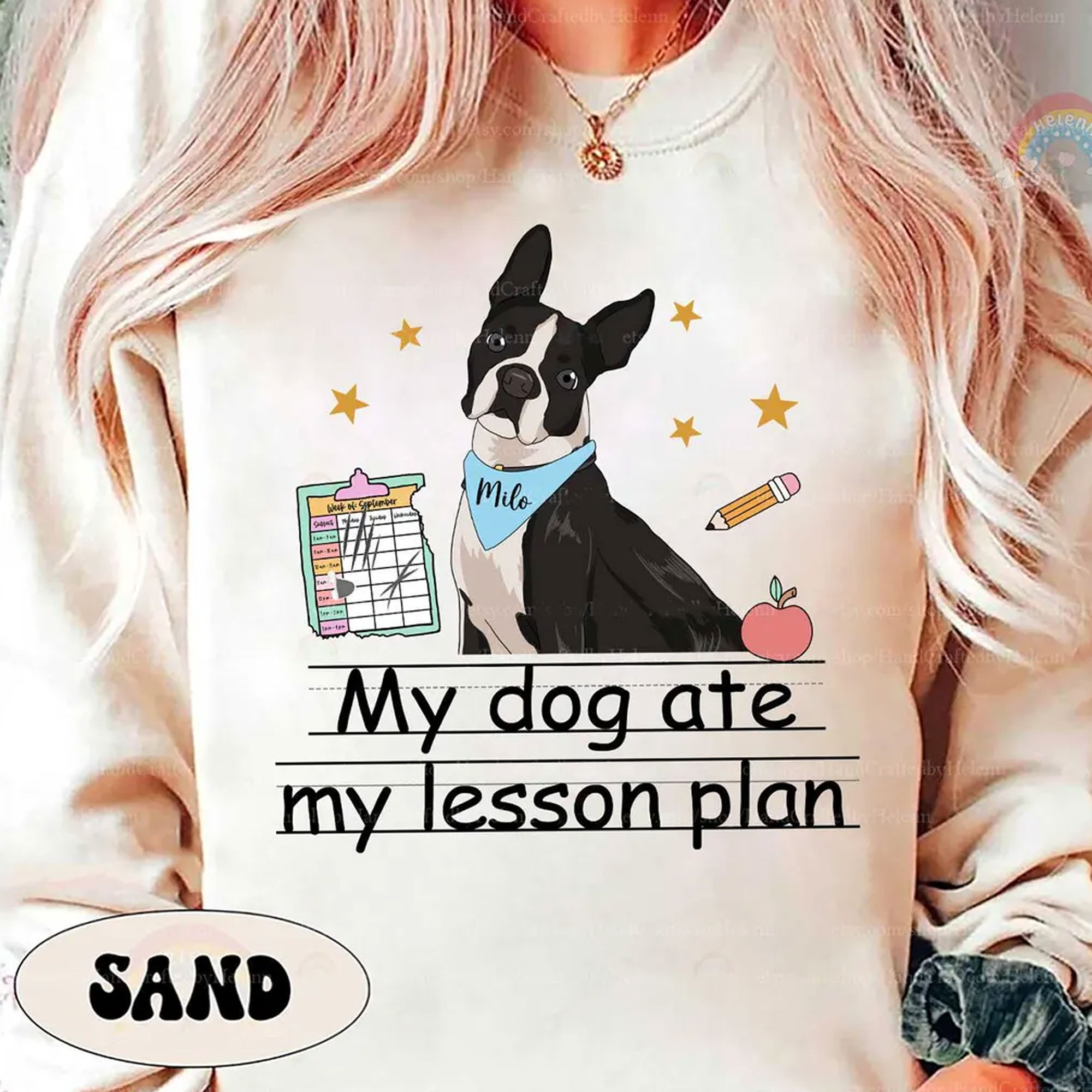 Personalized My Dog Ate My Lesson Plan Teacher T-shirt with Pet Name & Photo, Funny Cotton Crewneck T-shirt/Sweatshirt, Gift for Dog Mom/Teachers