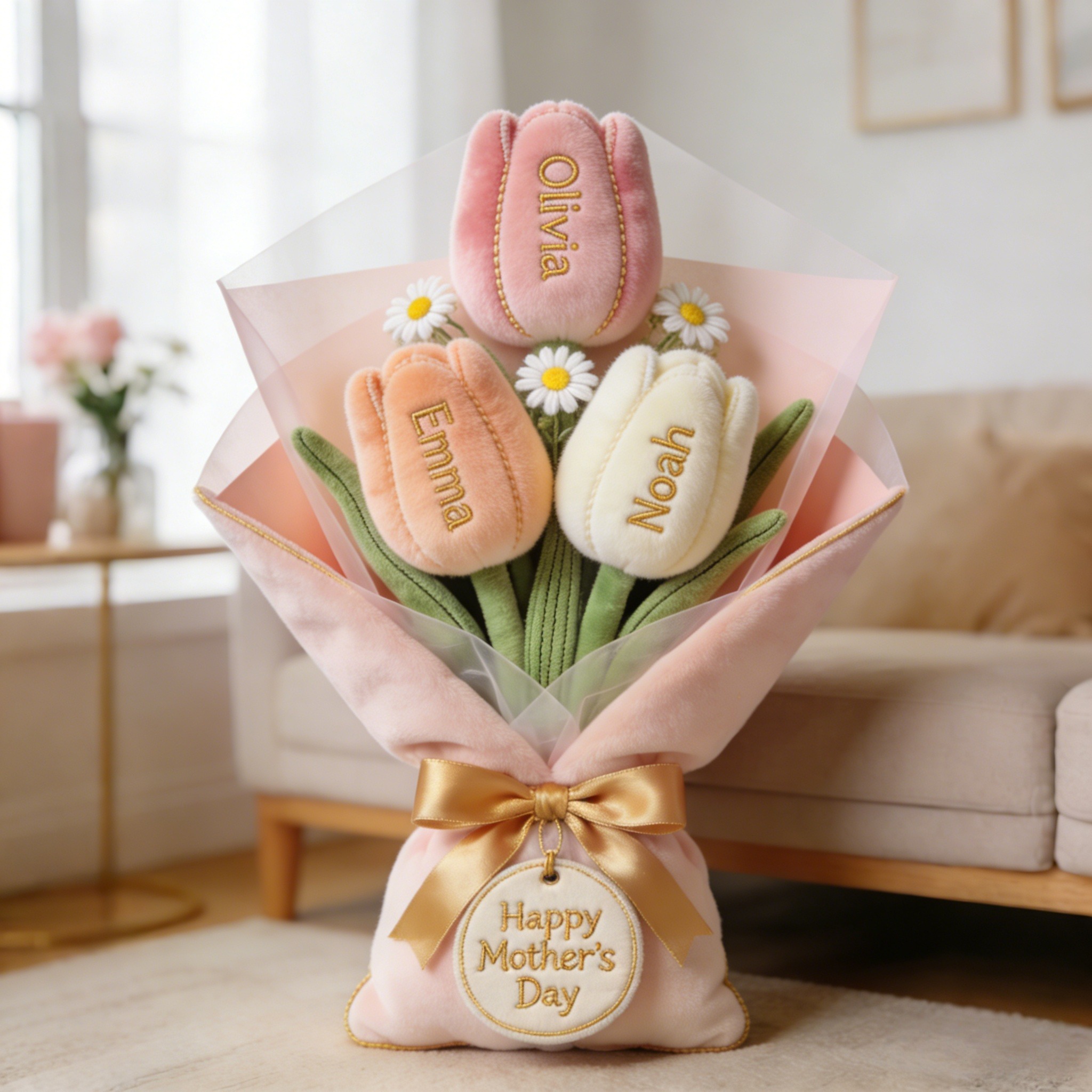 Personalized Tulip Bouquet Pillow – A Gift for Mom with Your Child's Name | Mother's Day Plush Bouquet