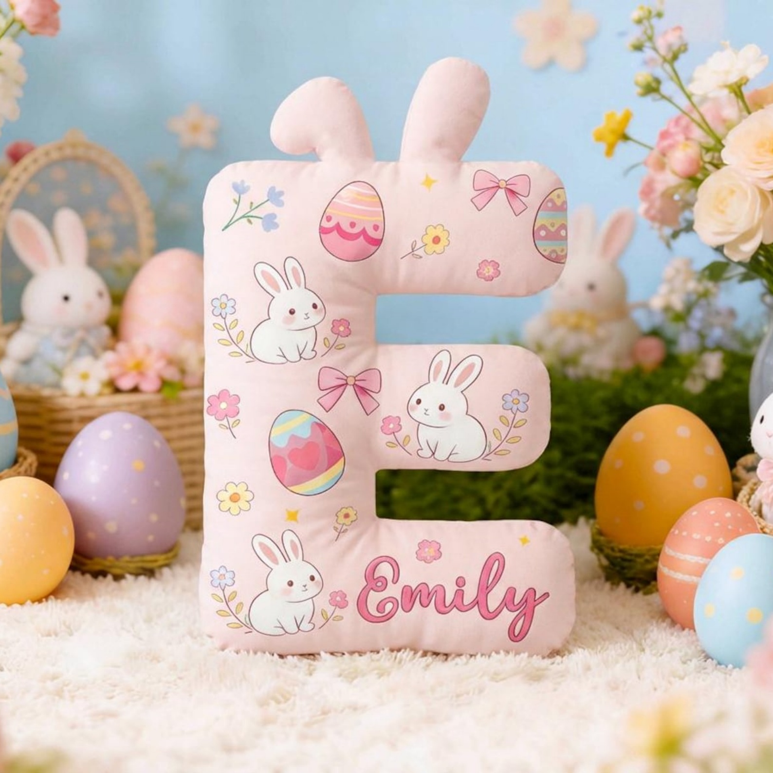 Personalized Name Easter Floral Alphabet Pillow with Bunny Ears, 3D Cute Plush Stuffed Letter Pillow, Spring Home Decor, Easter/Birthday Gift for Kids