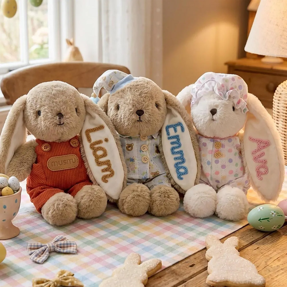 Custom Embroidered Name Easter Plush Bunny Toy, Soft Stuffed Rabbit Doll, Nursery Decor, Spring Party Favor, Easter/Birthday Gift for Kids/Boys/Girls