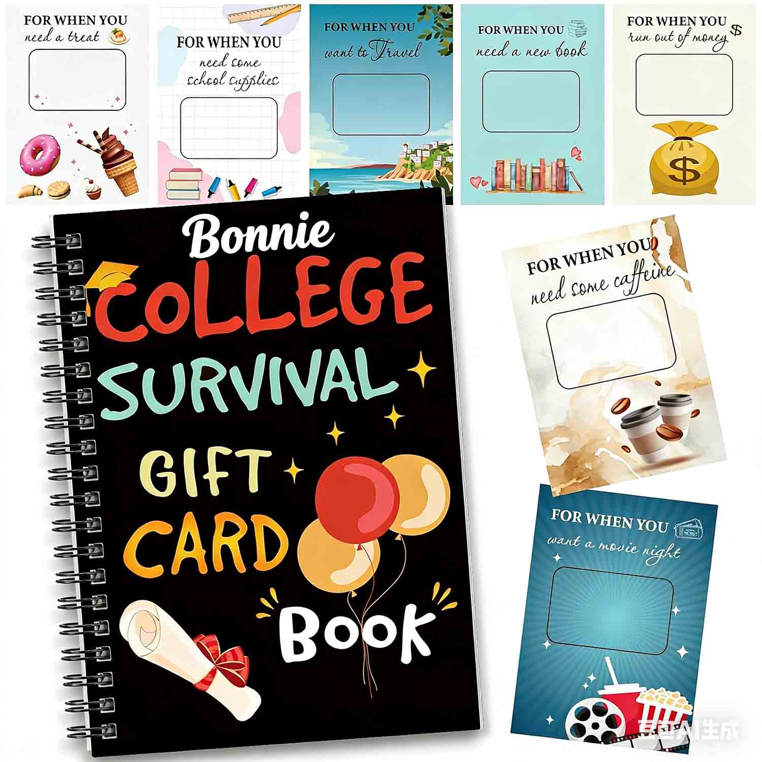 Personalized Spiral College Gift Card Book with Name, 2026 College Survival Booklet Organizer, Cash Card Holder Album, Gift for Graduates/Teens/Kids