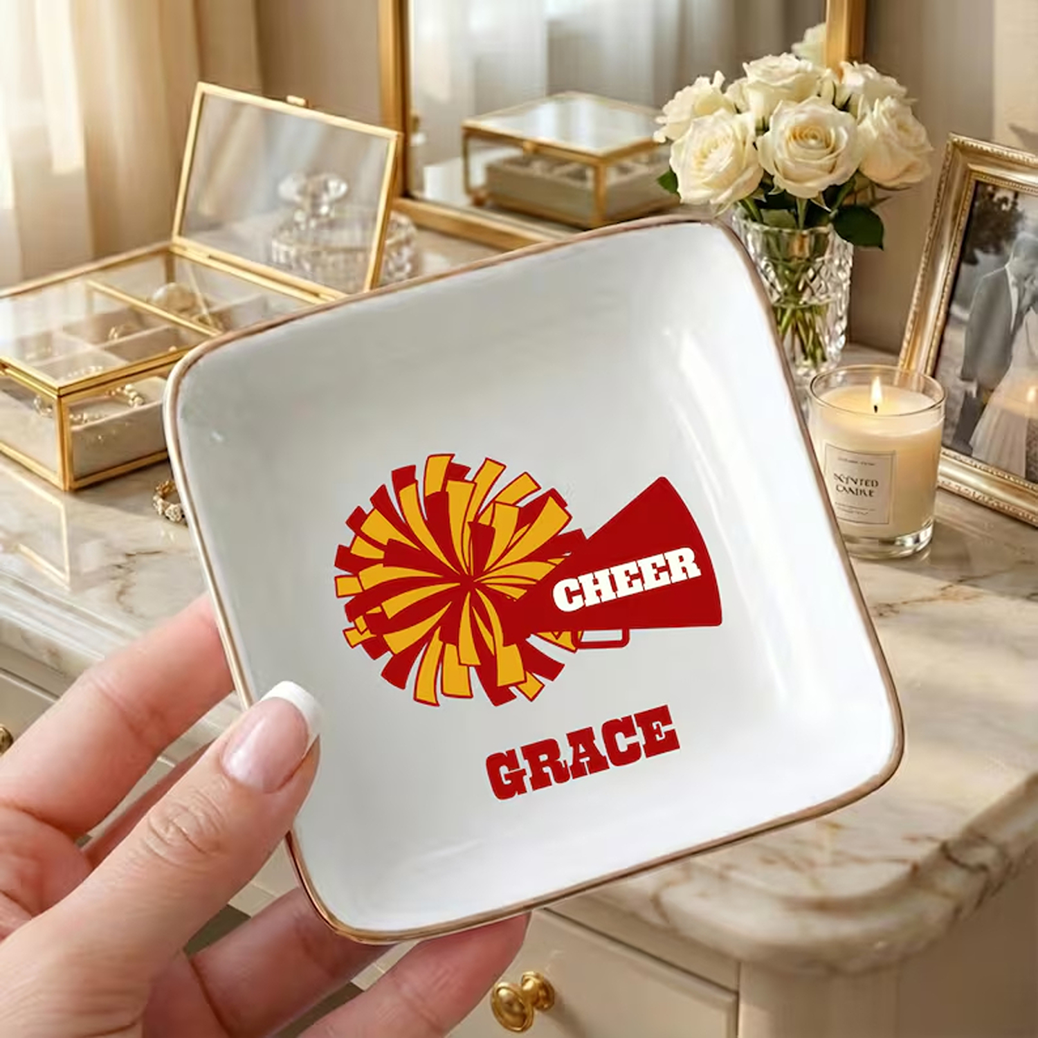 Personalized Cheer Jewelry Dish with Name, Ceramic Trinket Tray, Cheer Senior Night Keepsake, Birthday/Anniversary Gift for Cheerleaders/Teammates/Her