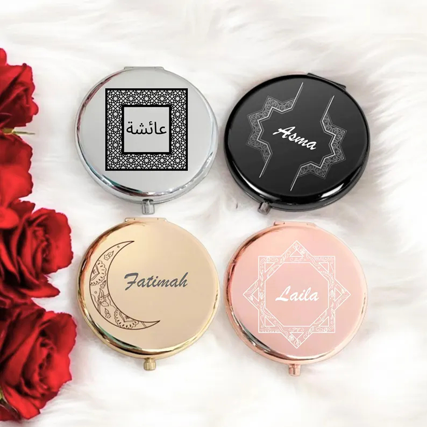 Custom Islamic Makeup Mirror with Name, Elegant Round 1x/2x Dual Travel Compact Mini Mirror, Ramadan/Wedding/Birthday Gift for Bridesmaid/Friends/Her
